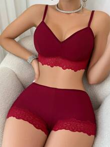 對比花邊文胸和短褲內衣套裝 - 酒紅色 - 查看 3