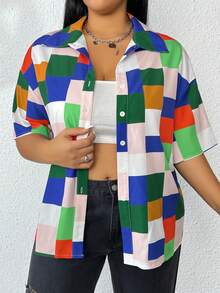 SHEIN LUNE Plus Geo Print Drop Shoulder Shirt - Multicolor - View 4