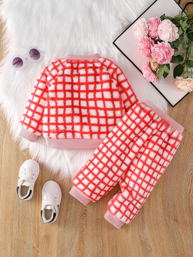 Girls Baby Plaid Print Raglan Sleeve Sweatshirt & Sweatpants