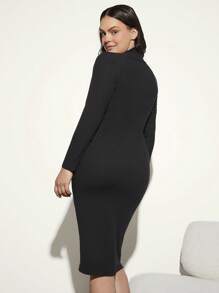 SHEIN BASICS Vestido De Cena Casual De Cuerpo Sólido Con Cuello Falso Para Mujer De Talla Grande - Negro - Ver 2