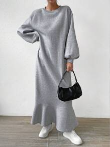 Chiquease 斜口袋落肩荷叶边下摆保暖衬里长款连衣裙女装 - 淺灰色 - 查看 7