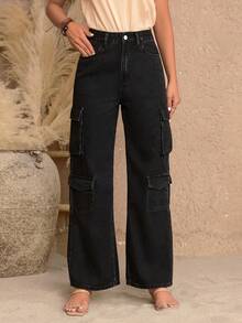 SHEIN LUNE High Waist Flap Pocket Side Cargo Jeans - Black - View 3