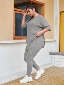 SHEIN EZwear Plus Solid Drop Shoulder Waffle Knit Top & Leggings - Light Grey - View 6