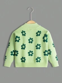 SHEIN Young Girl Floral Pattern Button Front Cardigan - Green - View 2