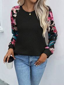 SHEIN LUNE Floral Print Raglan Sleeve Sweatshirt - Black - View 5