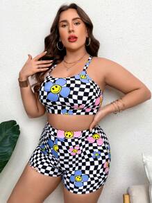 Khrim Reaper SHEIN Swim Curve Artist Girlcore Summer Beach Plus Floral & Checker Print Bikini Set, Women Clothes, For Summer, Festival