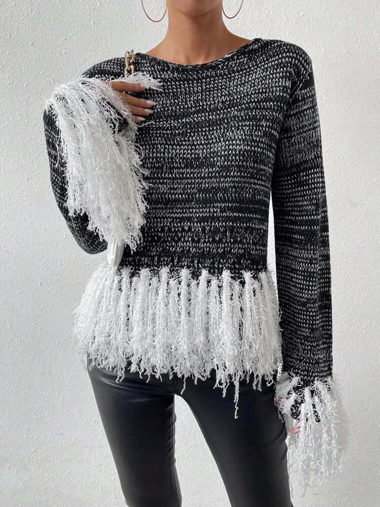 Space Dye Fringe Trim Knit Pullover Fall Winter Sweater