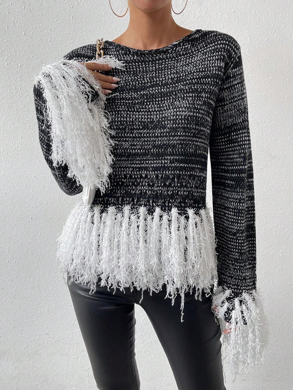Space Dye Fringe Trim Knit Pullover Fall Winter Sweater