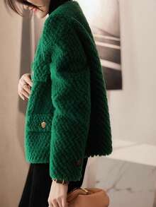 Solid Button Front Fuzzy Coat - Green - View 5