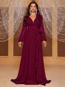 YISIKADO Plunging Neck Ruffle Trim Lantern Sleeve Dress - Burgundy - View 6