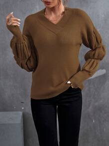 SHEIN Clasi 纯色罗纹针织落肩套头衫秋冬毛衣 - 棕色 - 查看 5