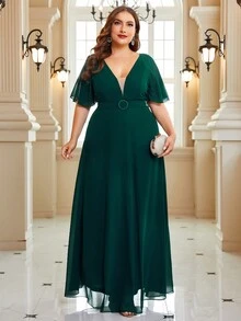 SHEIN Belle 大碼深V領蝴蝶袖腰帶雪紡伴娘洋裝 - 墨綠色 - 查看 2