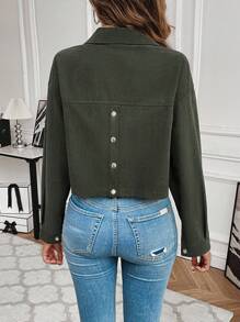 SHEIN LUNE 落肩翻蓋細節短款燈芯絨夾克 - 軍綠色 - 查看 2