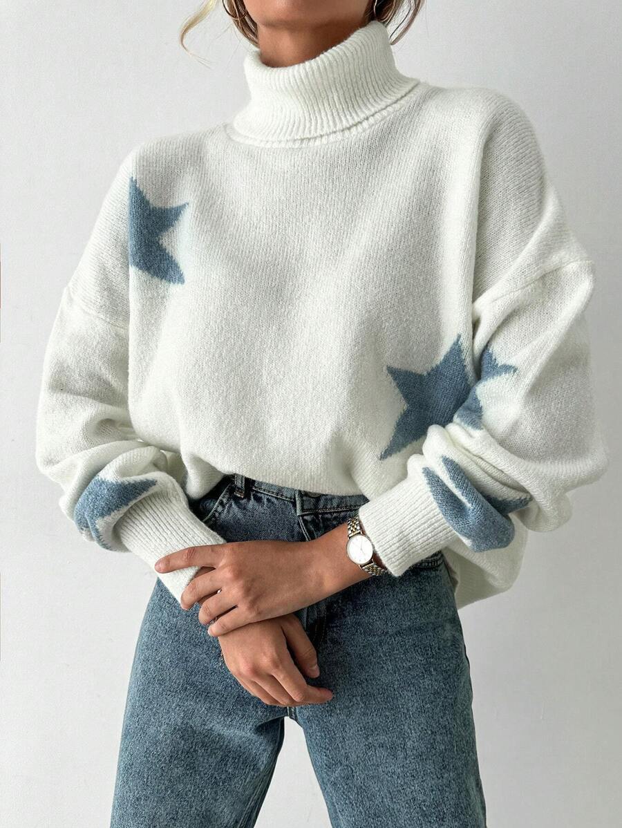 EURMUSE Women's Oversized Star Pattern Turtleneck Sweater With Long Sleeves - Beige - View 1