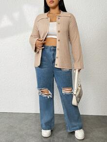 Flirla Áo len cardigan trễ vai có nút cộng phía trước - Màu be - Xem 3