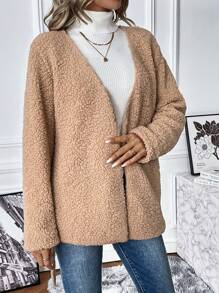 SHEIN LUNE Solid Belted Teddy Coat Fall Cloth For Women - Khaki - View 5