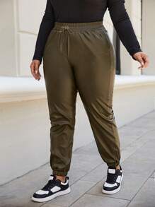 RueChic Plus Drawstring Waist PU Leather Pants - Green - View 3