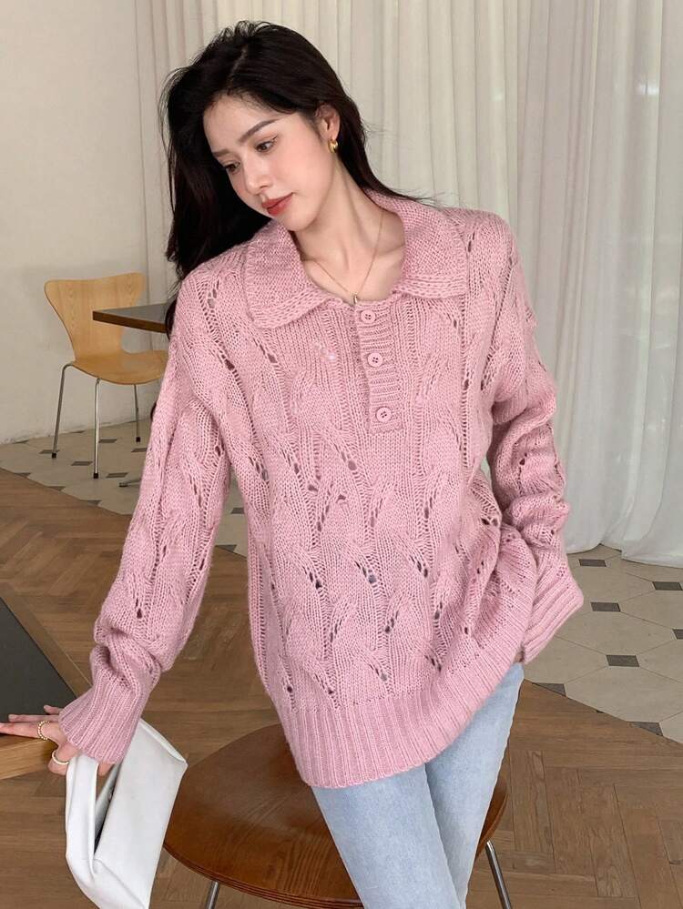Solid Drop Shoulder Button Front Sweater,Fall Women Clothes