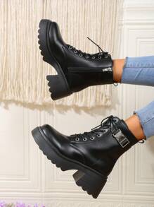 Women's Fashion Mid-Calf Boots Side Zipper Lace-Up Decorative Belt Buckle  Boots White Plus Size - Black - View 2