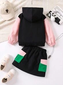 SHEIN Chica Joven Cazadora de color combinado con bolsillo con solapa con capucha & Falda