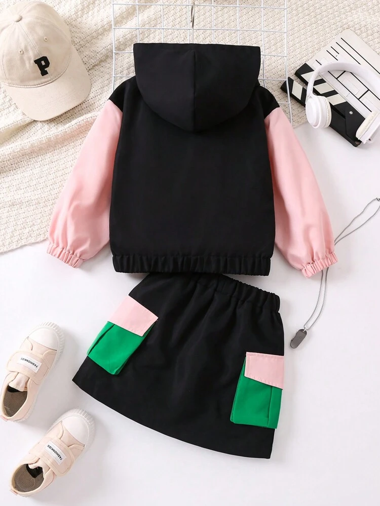Young Girl Colorblock Flap Pocket Hooded Jacket & Skirt