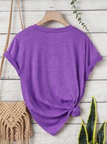 INAWLY 加上口号图案夏季 T 恤 - 紫羅蘭色 - 查看 2