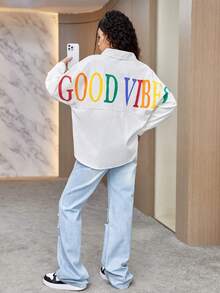 青少年女孩字母圖案落肩袖翻蓋口袋襯衫