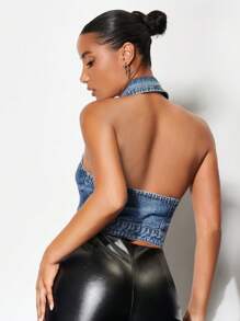 SHEIN BAE 翻蓋口袋前紐扣繞頸露背短款牛仔上衣 - 藍色 - 查看 3