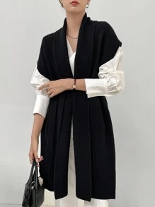 DAZY 1 件纯色蝙蝠袖开衫，休闲商务风格，秋季，无袖上衣 - 黑色 - 查看 7