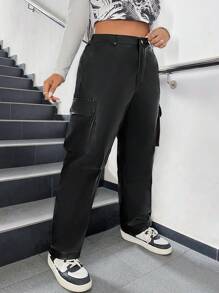 SHEIN EZwear 大碼側翻蓋口袋工裝褲 - 黑色 - 查看 4
