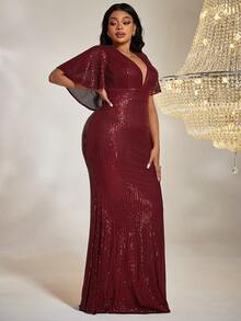 大碼深V領蝴蝶袖亮片正式洋裝 - 紅色 - 查看 4