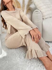 木耳邊喇叭袖休閒服套裝 - 卡其色 - 查看 5