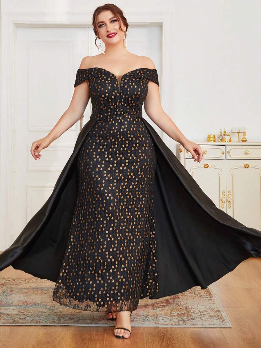 大碼燙金一字肩正式洋裝 - 黑色 - 查看 1