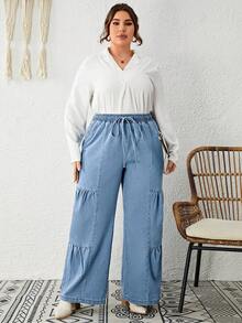 SHEIN LUNE Plus Drawstring Waist Ruched Wide Leg Jeans - Light Wash - View 5
