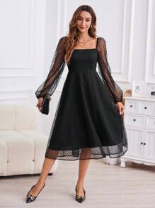 SHEIN Privé Square Neck Lantern Sleeve Mesh Overlay Dress - Black - View 6