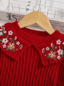 SHEIN Young Girl Floral Embroidery Statement Collar Ribbed Knit Sweater Dress - Red - View 3