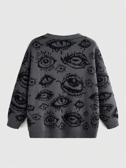 Grunge Punk Cardigan Motif Yeux À Bouton
