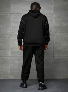 Manfinity VCAY Men Plus Skeleton Print Top-Stitching Hoodie & Sweatpants, For Fall Winter - Black - View 2