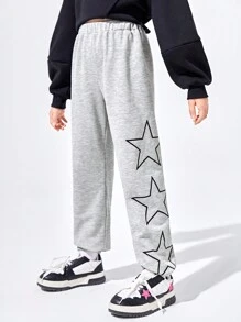 Tween Girl Star Print Elastic Waist Sweatpants - Light Grey - View 1