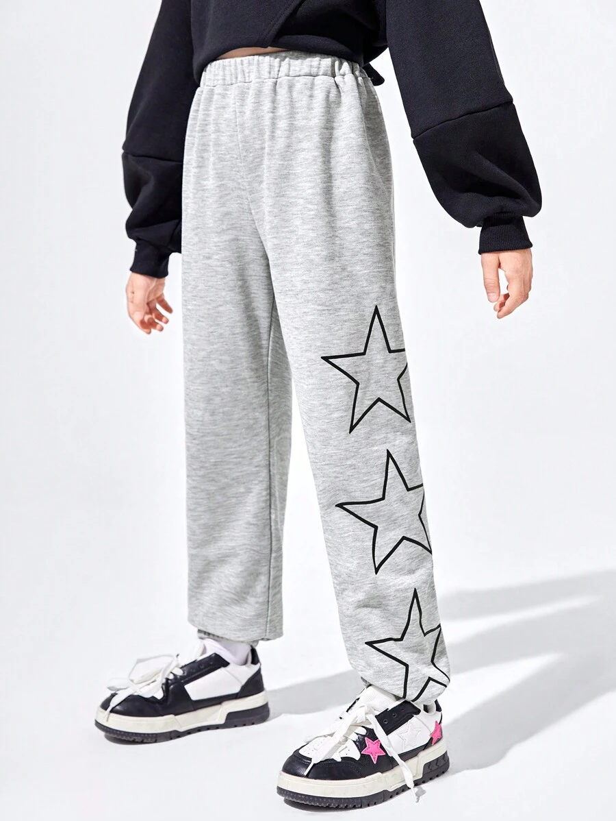 Tween Girl Star Print Elastic Waist Sweatpants - Light Grey - View 1