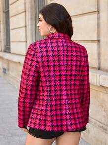 SHEIN Privé 大碼千鳥格印花雙排釦西裝外套 - 粉色 - 查看 2