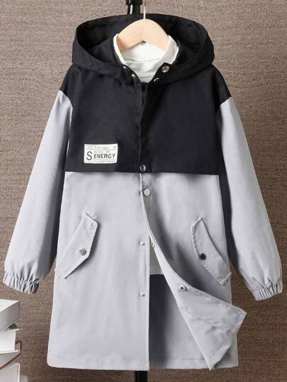 Tween Boy 1st Letter Patched Colorblock Hooded 2 I 1 Hooded Trench Coat