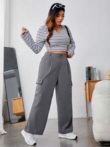 SHEIN EZwear 大碼字母補丁細節側翻蓋口袋工裝褲 - 深灰色 - 查看 5