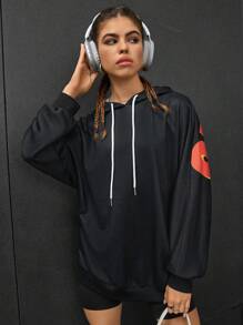 SHEIN EZwear 標語圖案蝙蝠袖抽繩連帽衫 - 黑色 - 查看 5