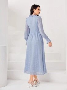 Modelyn 圓點褶邊洋裝不附腰帶 - 藍色 - 查看 2