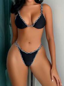 SHEIN Swim Summer Beach Contrast Binding Triangle Bikini Set - Black - View 3