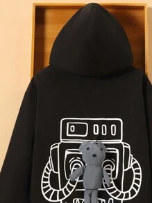 SHEIN 男大童反光熊和字母圖案連帽加絨內裏外套 - 黑色 - 查看 6