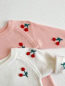 Bebé niña Body con patrón de cereza de manga raglán tejido - Blanco - Ver 4