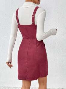 SHEIN Essnce 前紐扣燈芯絨背帶洋裝無毛衣 - 酒紅色 - 查看 2