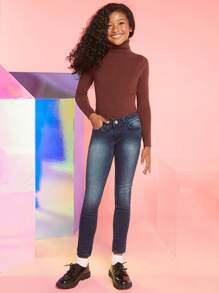 青少年女孩高腰牛仔褲 - 深色水洗藍 - 查看 1